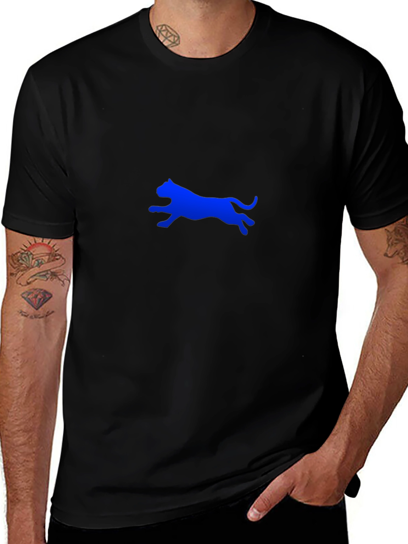 Mens Black T-Shirt with Blue Panther Design