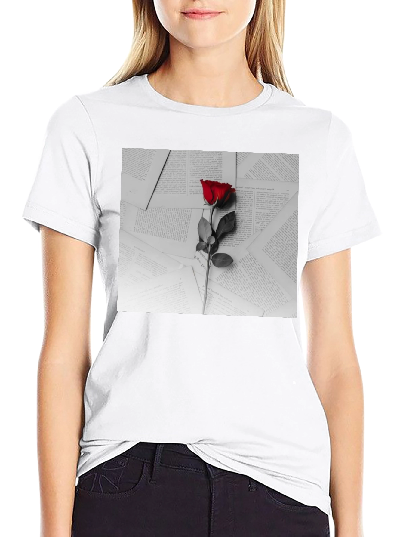 Red Rose on Books Graphic Tee - Trendy Style