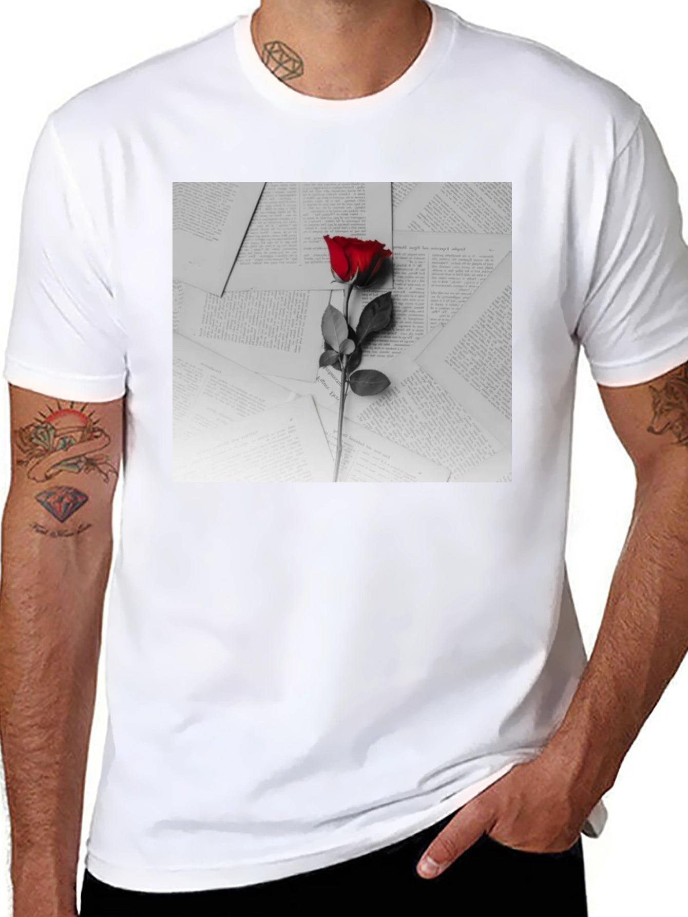 Red Rose on Books Graphic Tee - Trendy Style