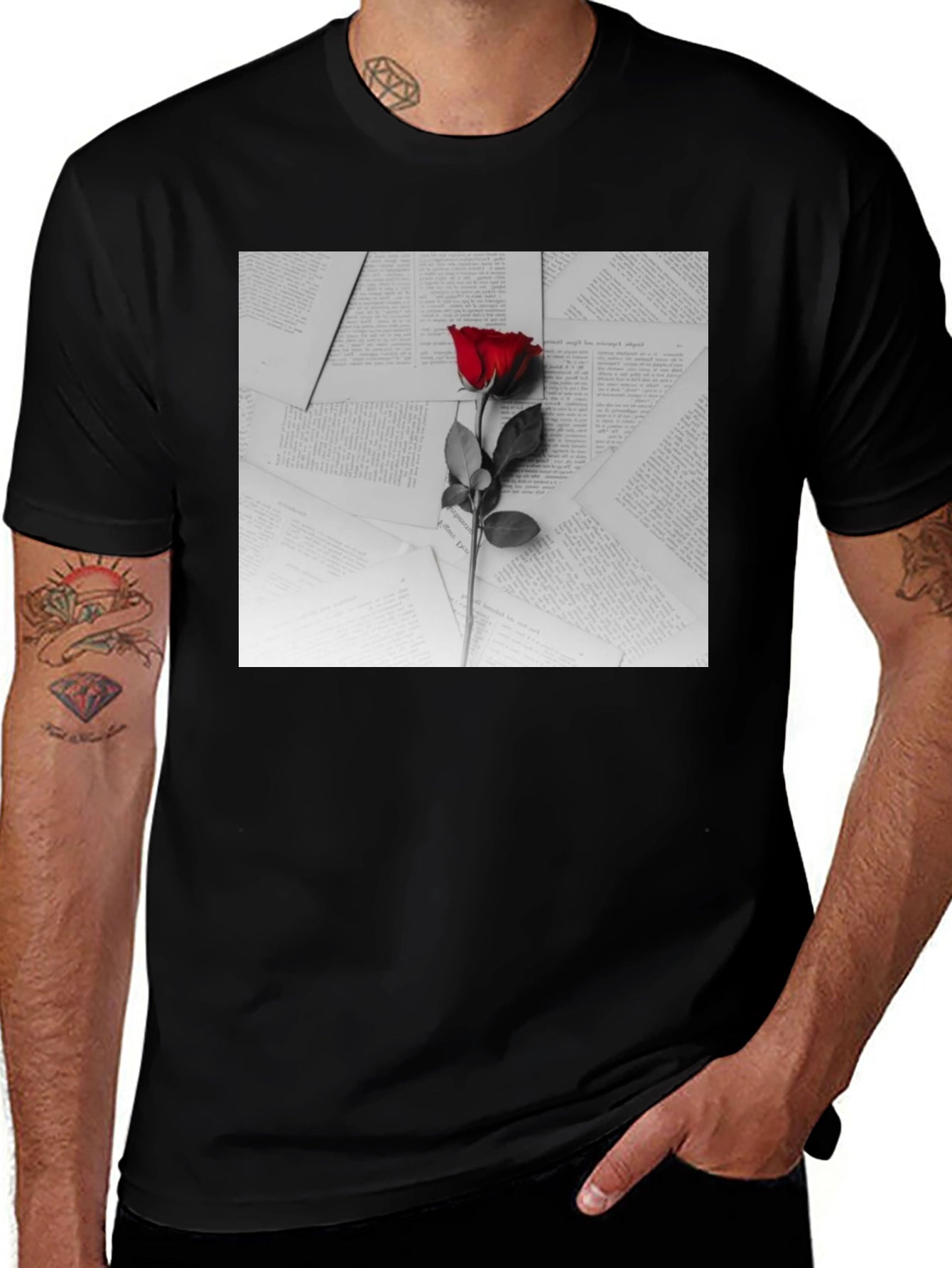 Red Rose on Books Graphic Tee - Trendy Style