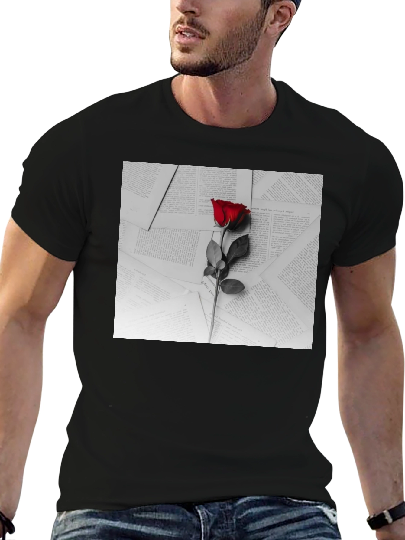 Red Rose on Books Graphic Tee - Trendy Style