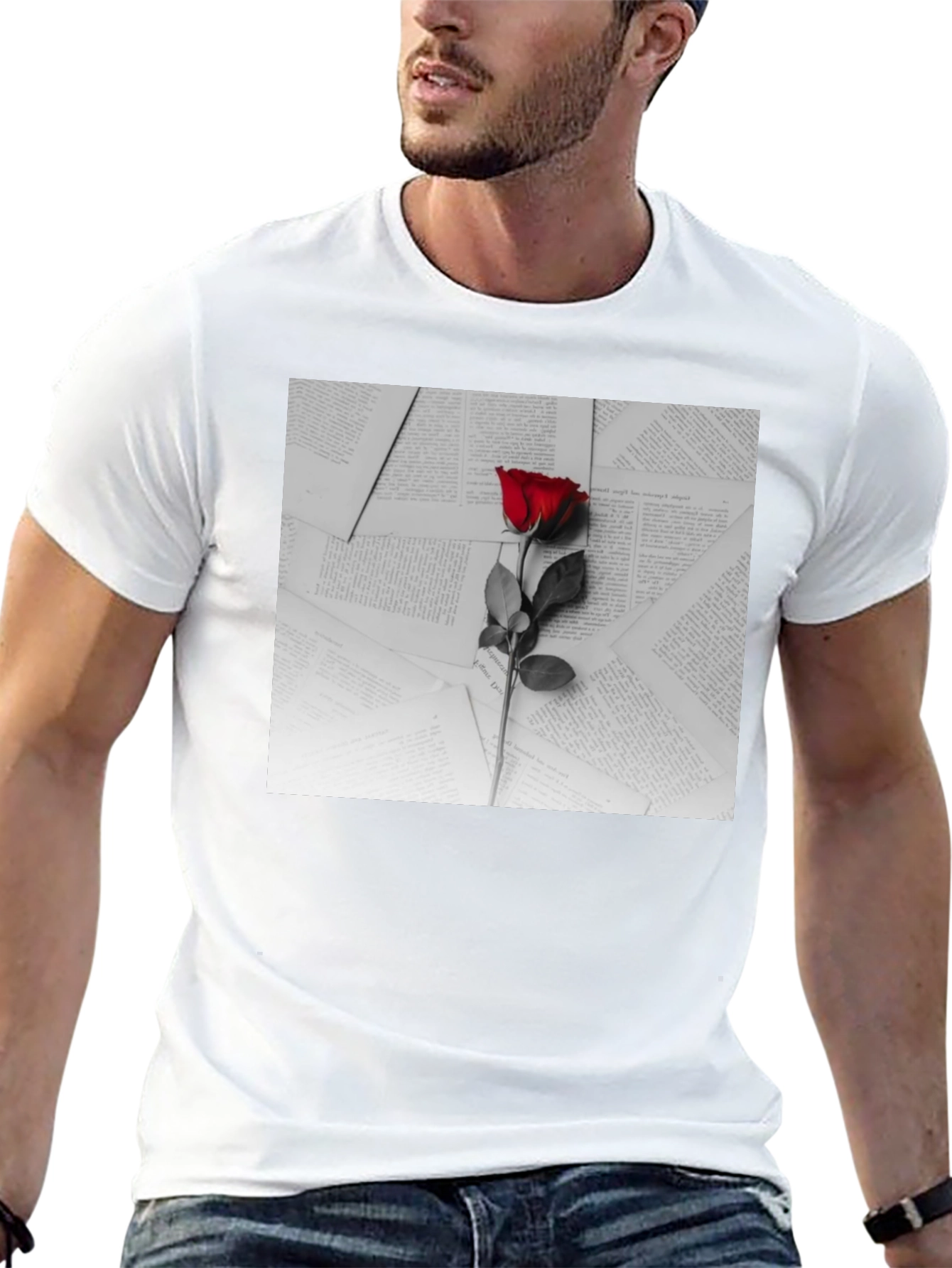 Red Rose on Books Graphic Tee - Trendy Style