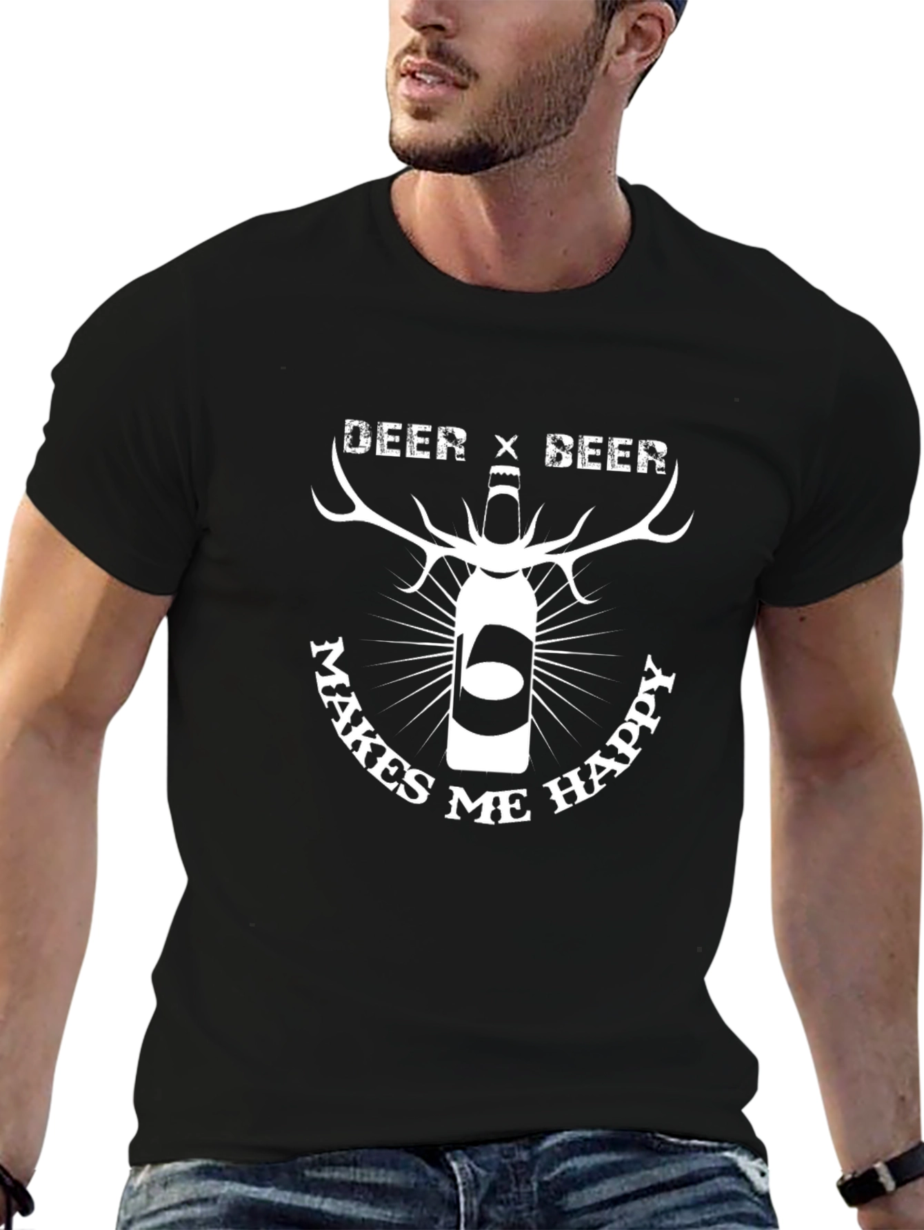 Deer x Beer Makes Me Happy Black T-Shirt
