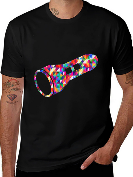 Geometric Flashlight Graphic Tee - Black Cotton Casual Shirt