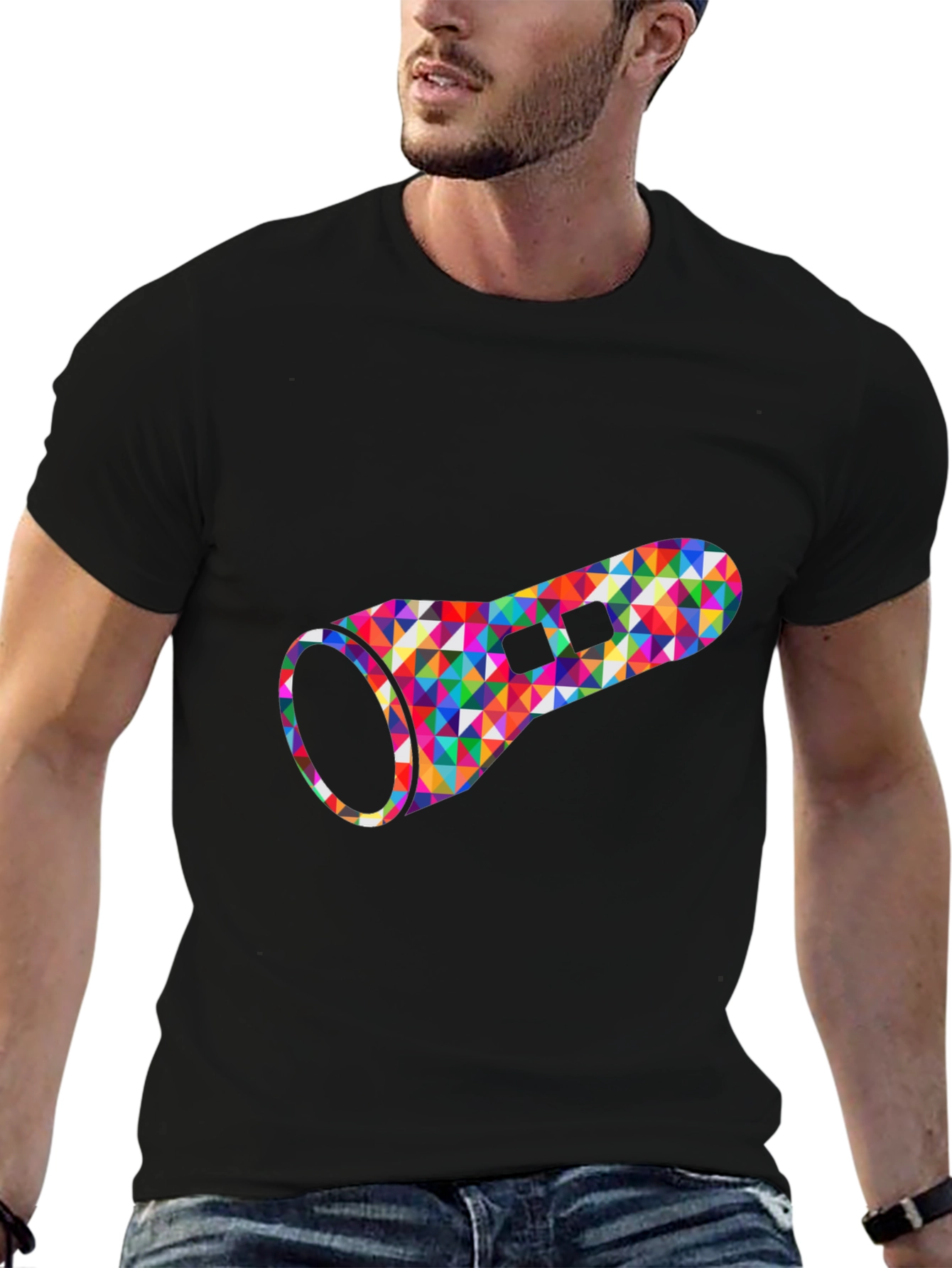 Geometric Flashlight Graphic Tee - Black Cotton Casual Shirt