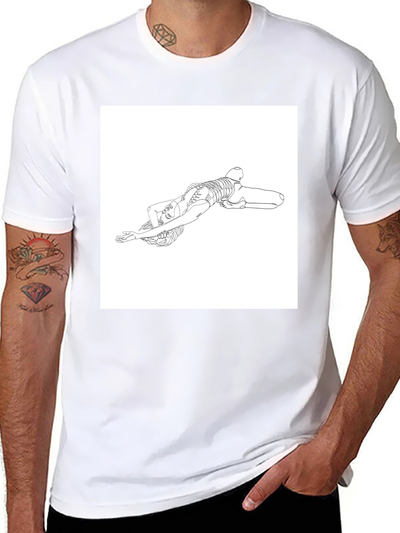 Line Art Skeleton Pose Graphic Tee - Black