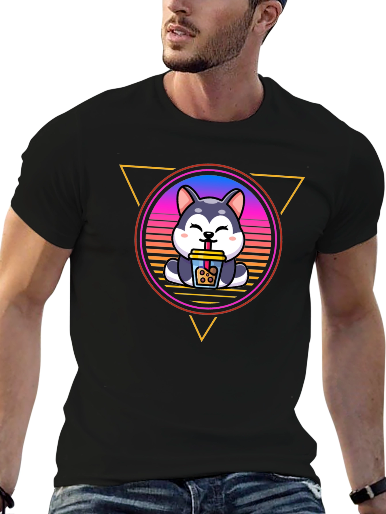 Cute Husky Boba Tea Graphic Black T-Shirt