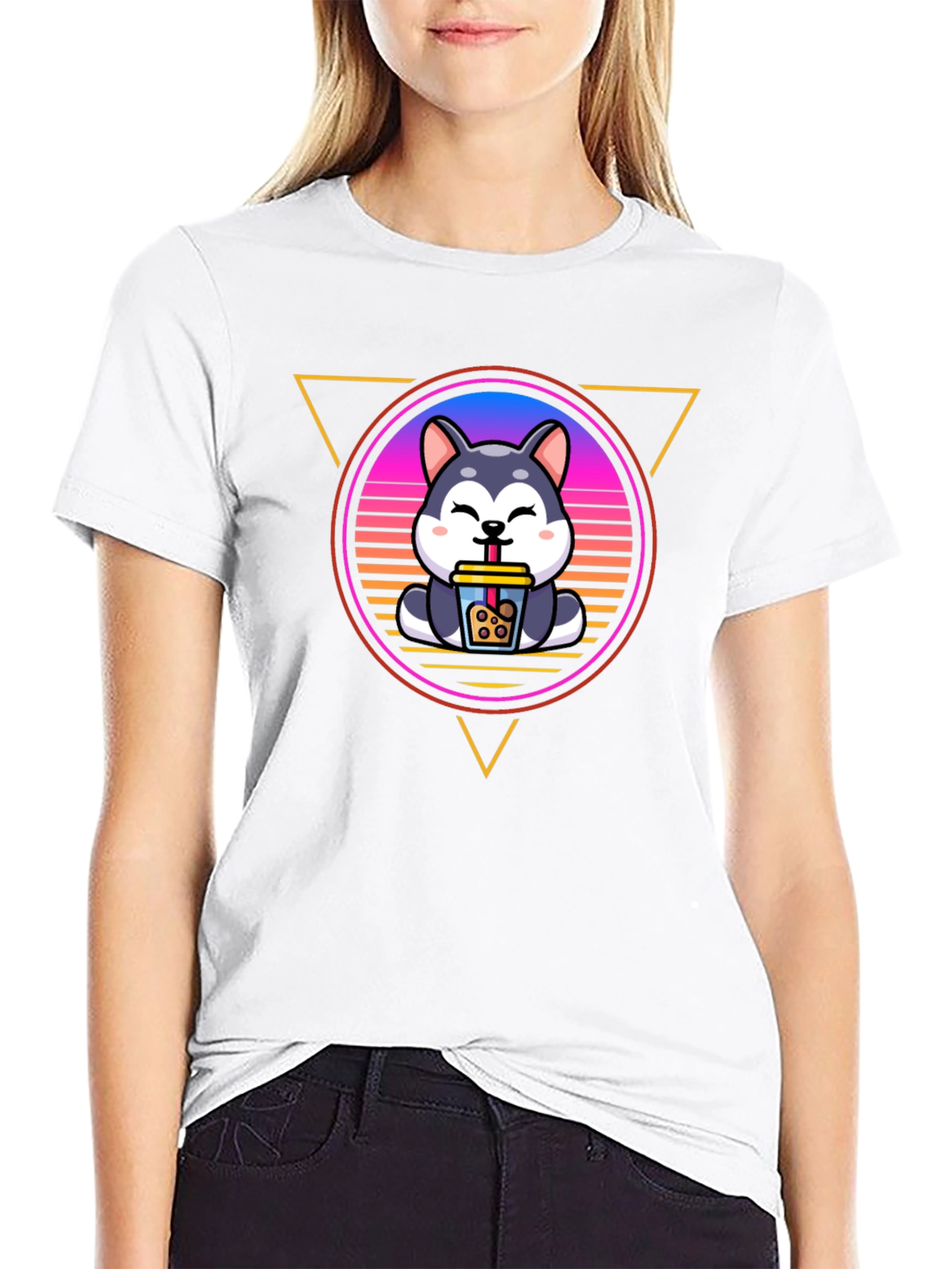 Cute Husky Boba Tea Graphic Black T-Shirt
