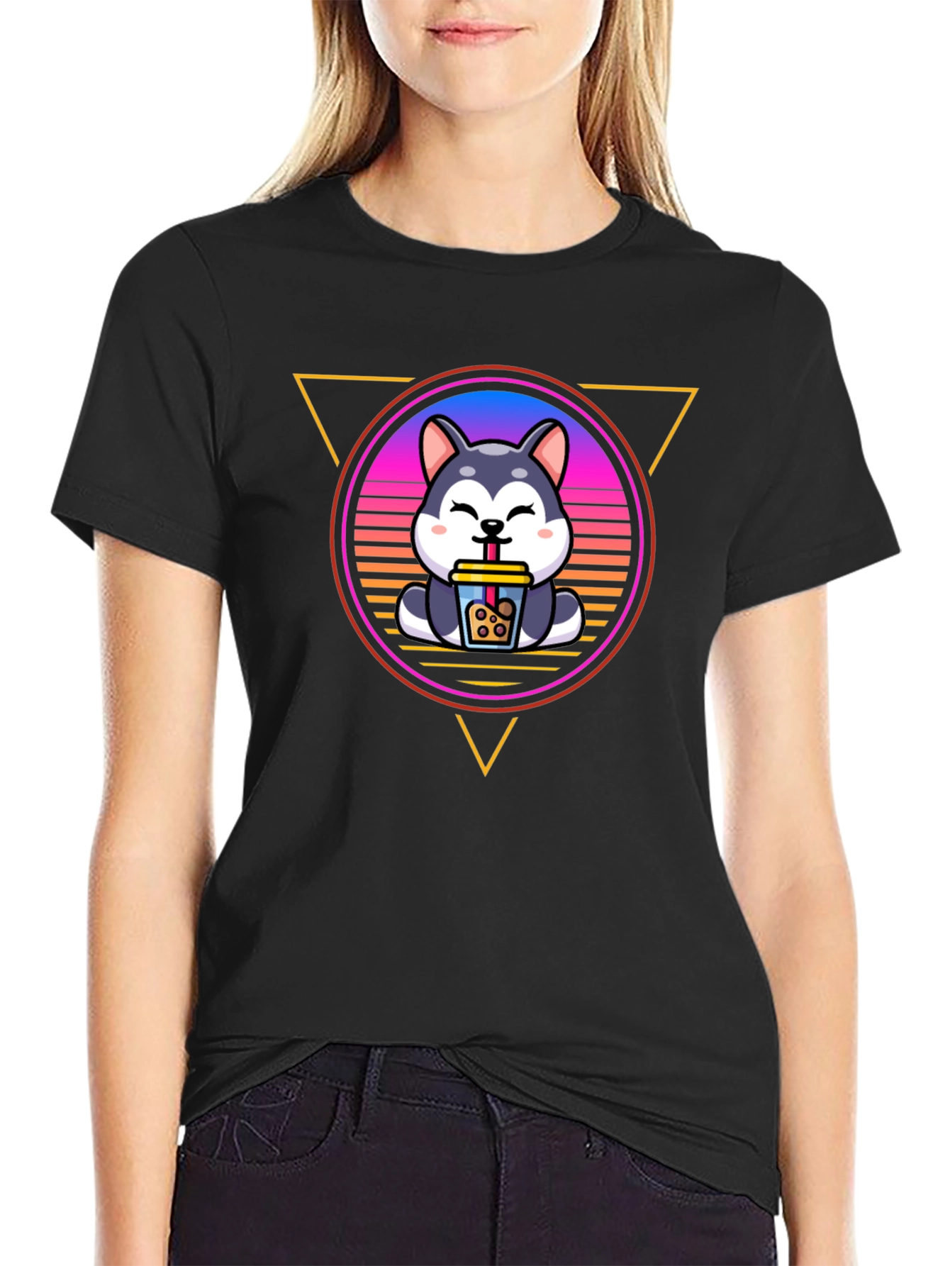 Cute Husky Boba Tea Graphic Black T-Shirt