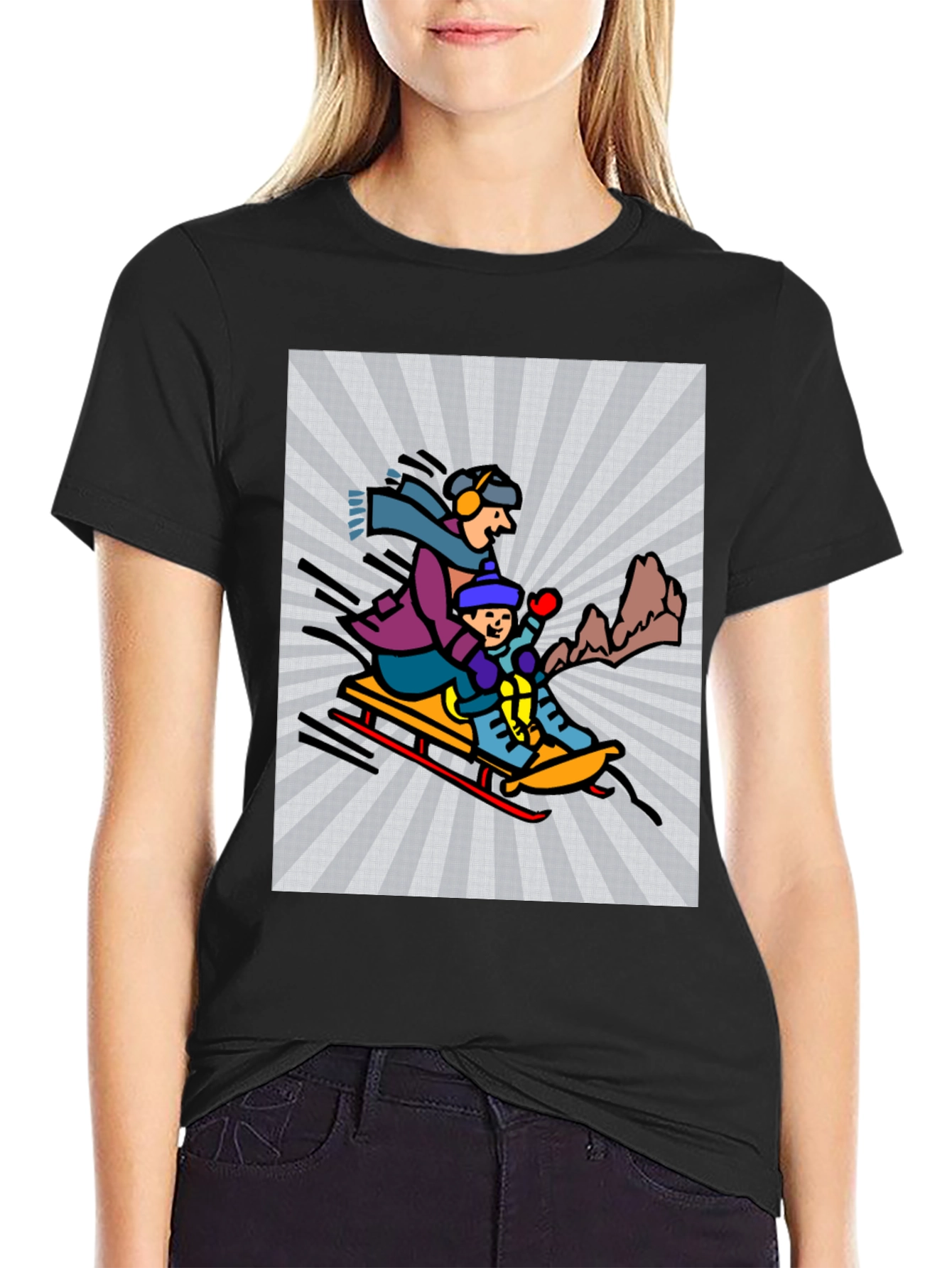 Cartoon Graphic T-Shirt: Winter Sledding Design