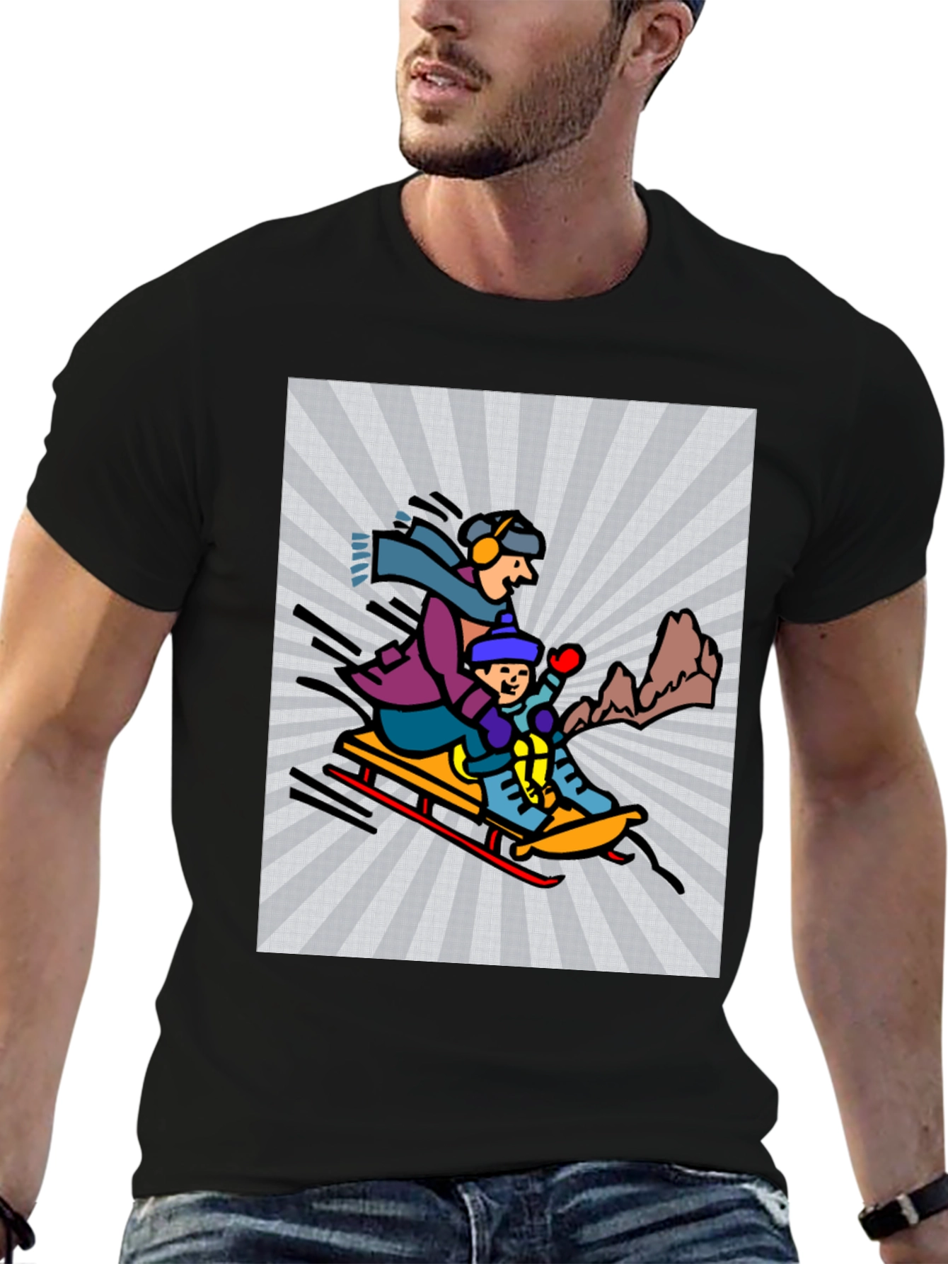 Cartoon Graphic T-Shirt: Winter Sledding Design