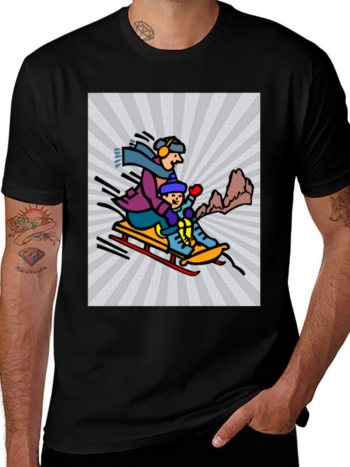 Cartoon Graphic T-Shirt: Winter Sledding Design