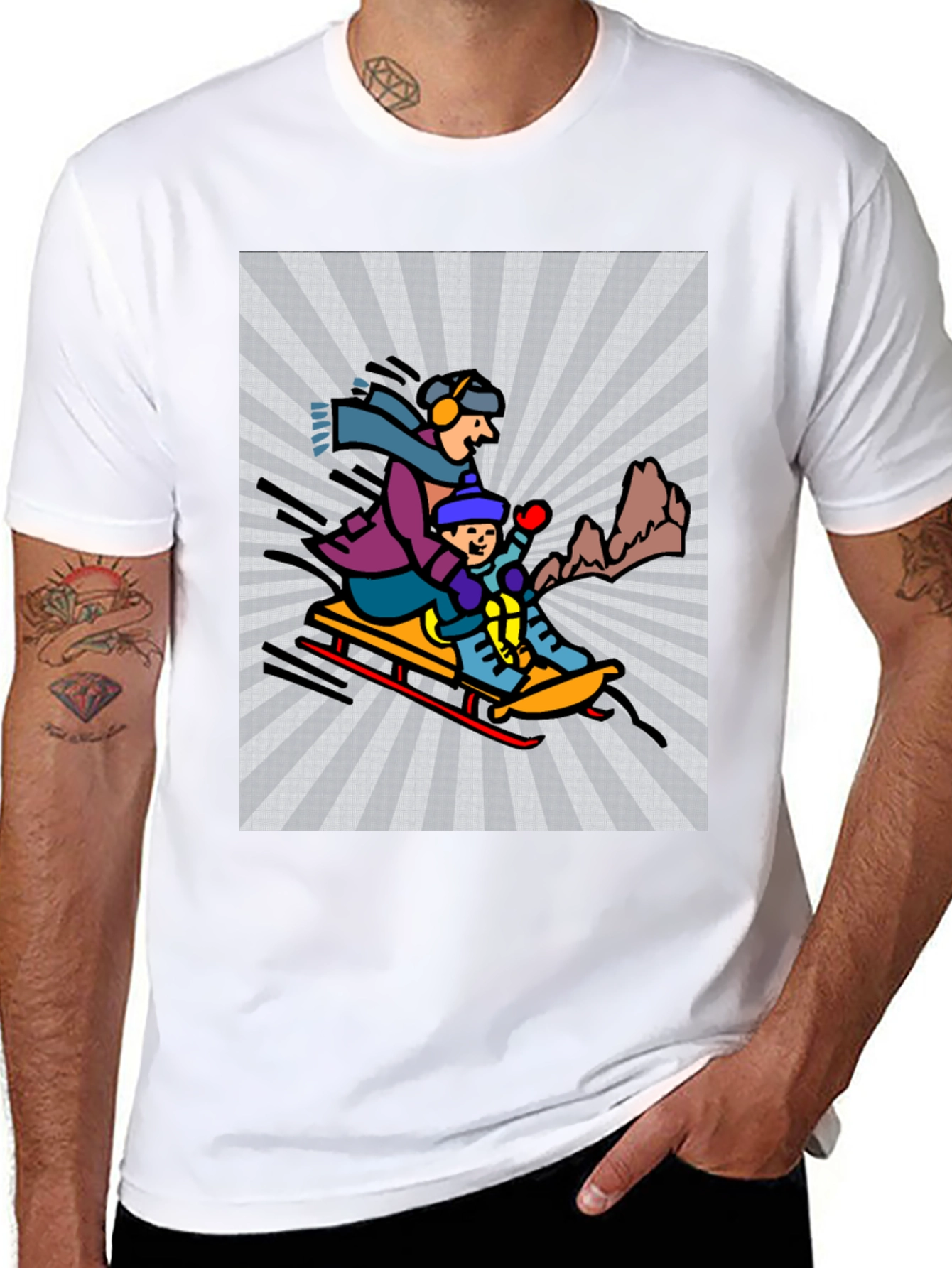 Cartoon Graphic T-Shirt: Winter Sledding Design