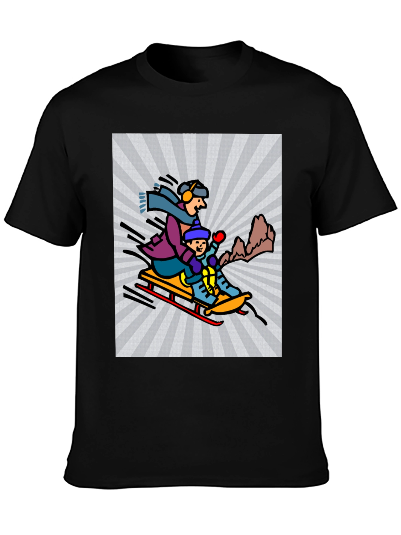 Cartoon Graphic T-Shirt: Winter Sledding Design