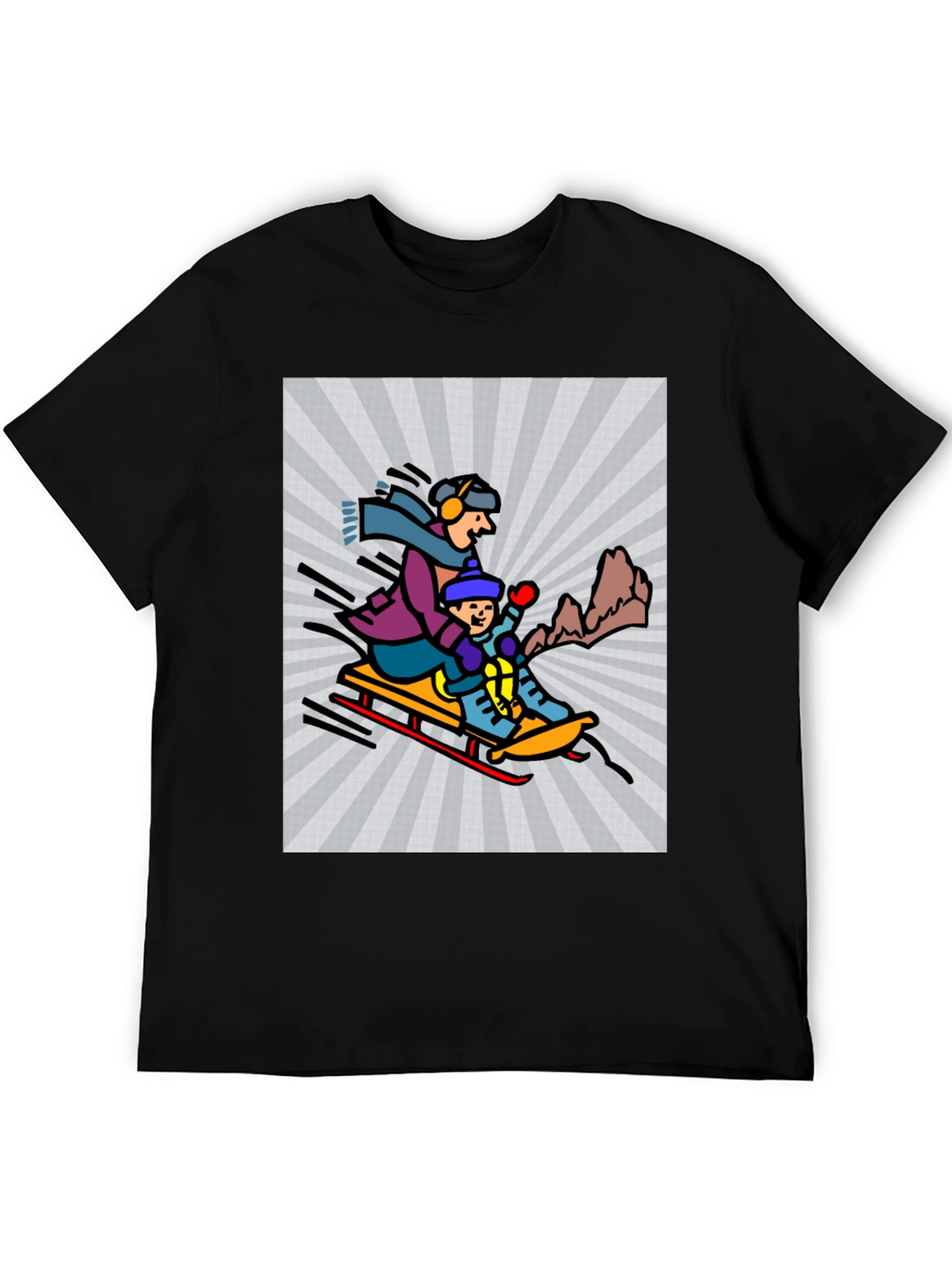 Cartoon Graphic T-Shirt: Winter Sledding Design