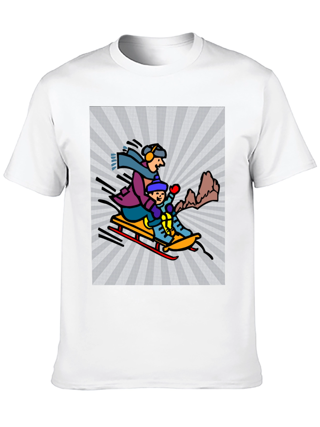 Cartoon Graphic T-Shirt: Winter Sledding Design