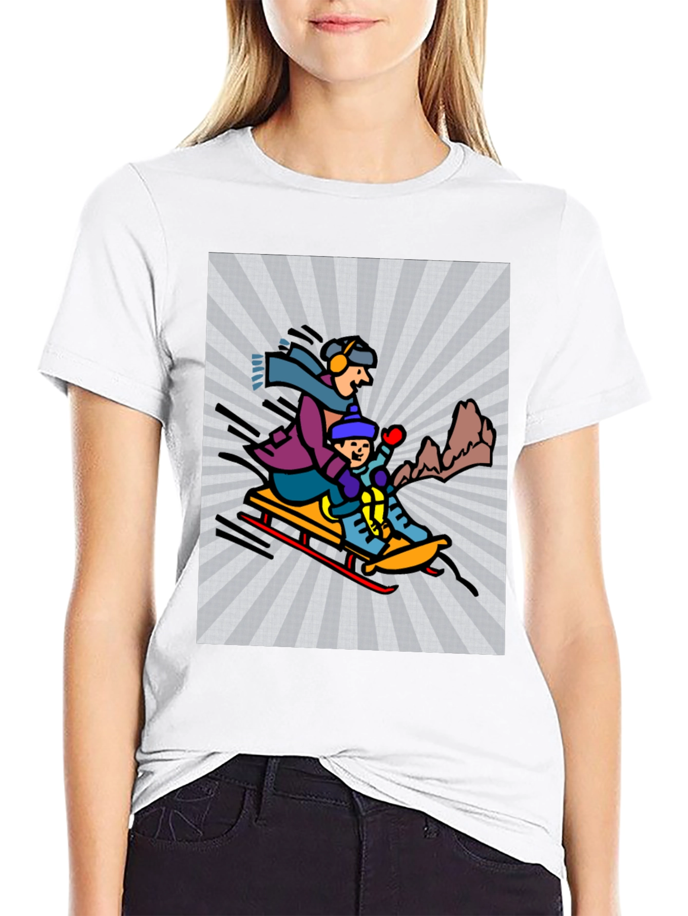 Cartoon Graphic T-Shirt: Winter Sledding Design