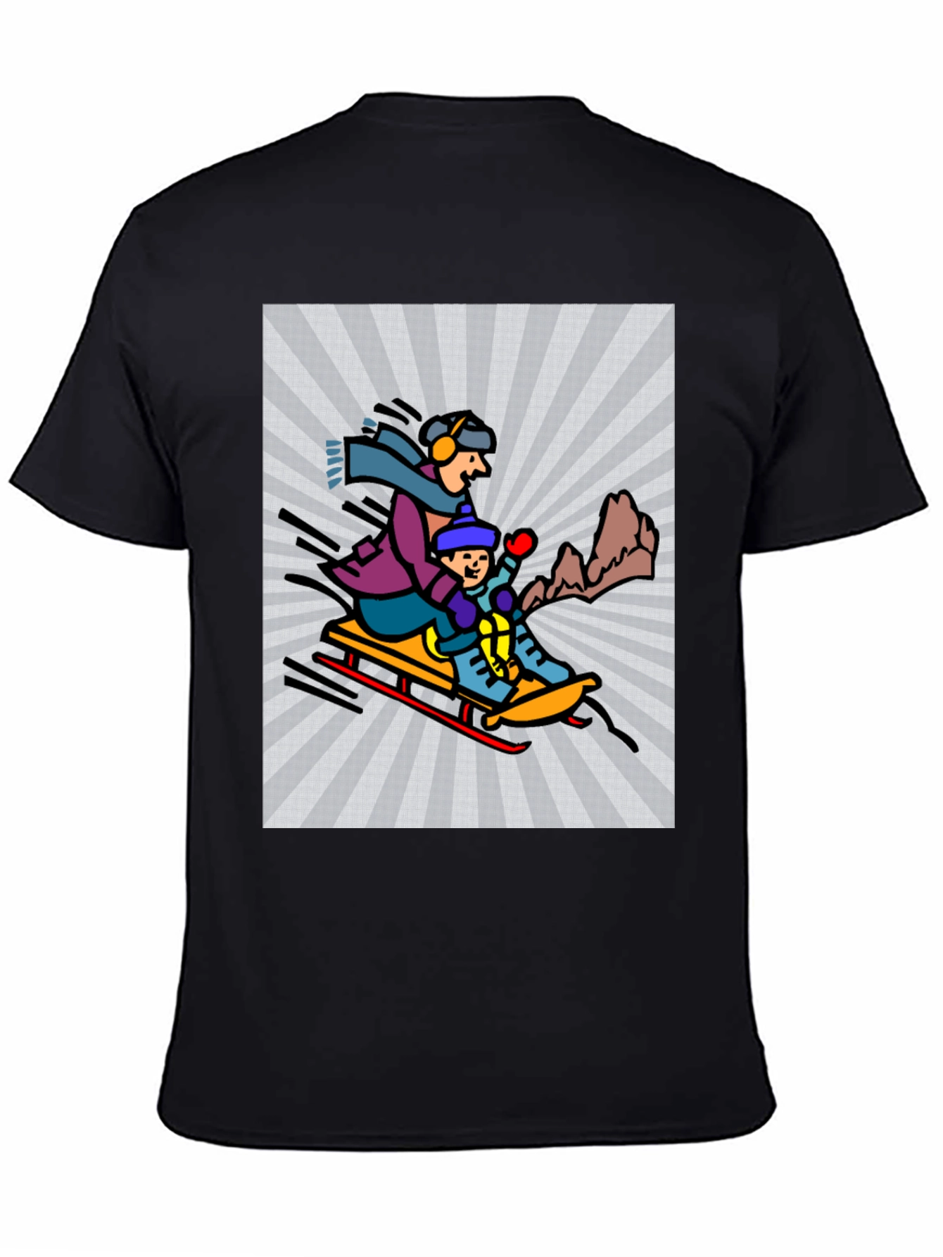 Cartoon Graphic T-Shirt: Winter Sledding Design