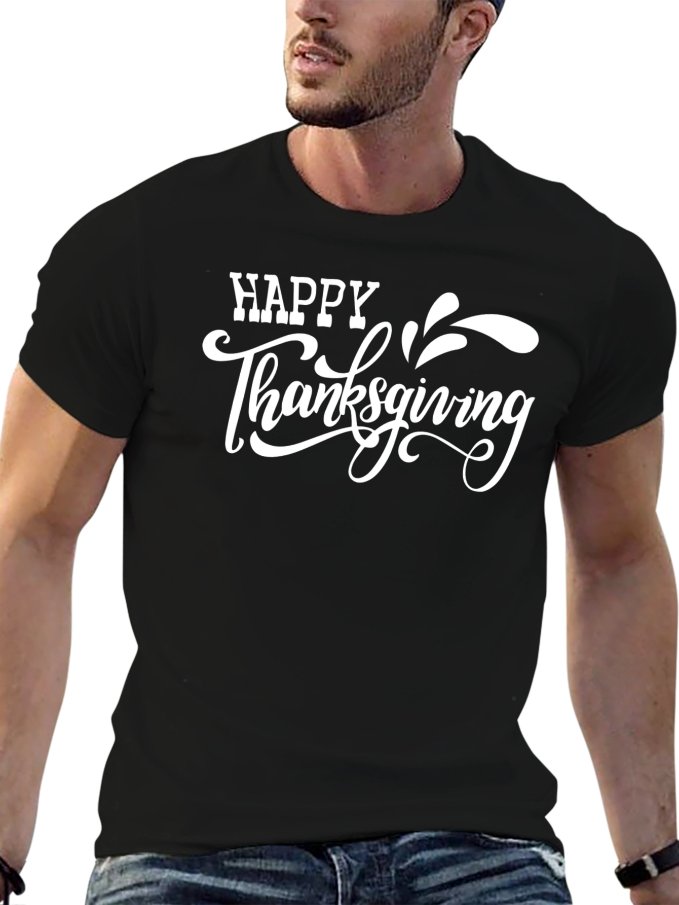 Happy Thanksgiving Graphic Tee - Black Casual T-Shirt