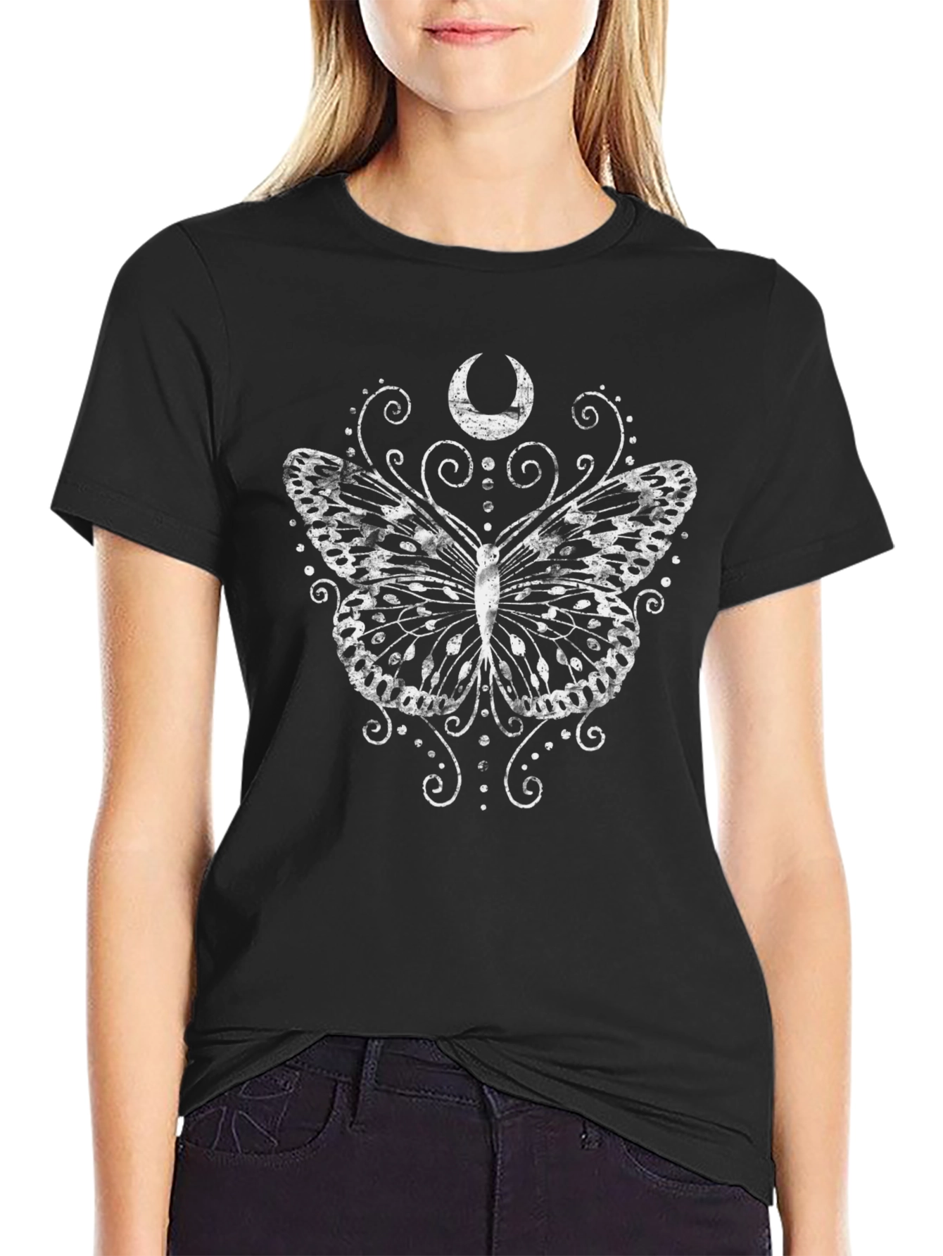 Butterfly Moon Graphic Tee - Black Casual T-Shirt