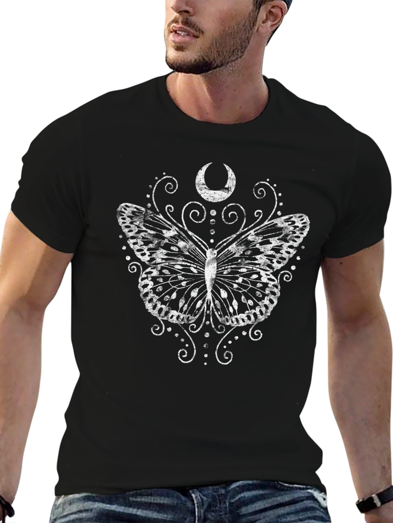 Butterfly Moon Graphic Tee - Black Casual T-Shirt