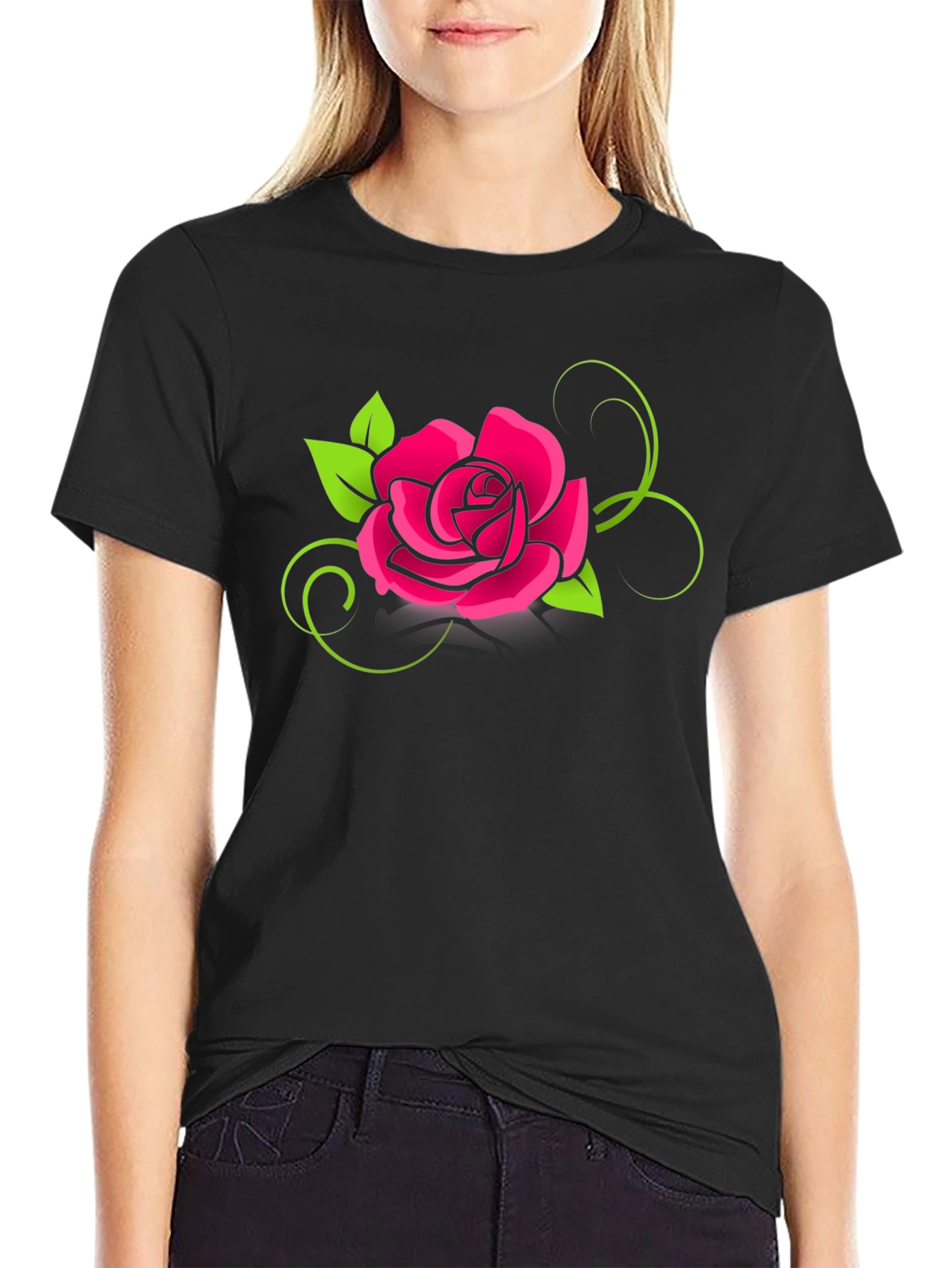 Black T-Shirt with Pink Rose Design