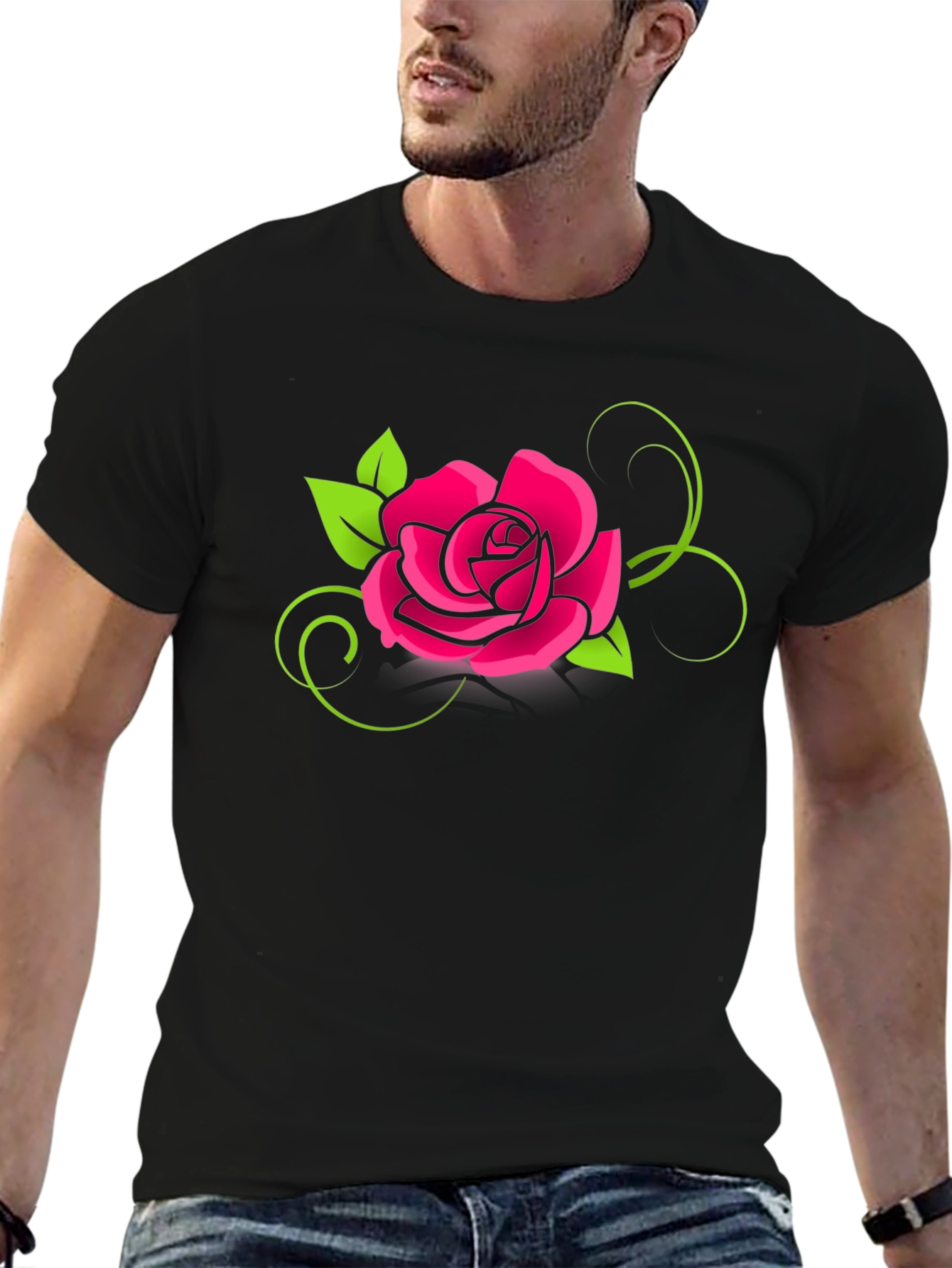 Black T-Shirt with Pink Rose Design