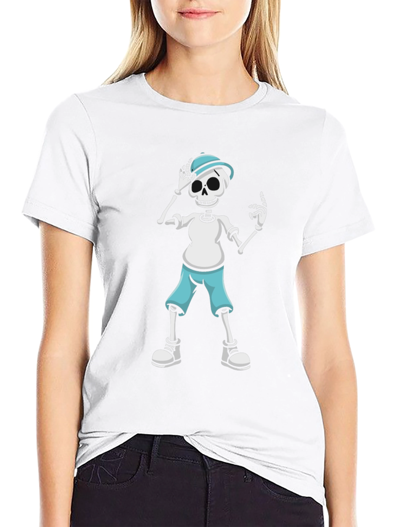 Skeleton Cartoon Graphic Print Black T-Shirt