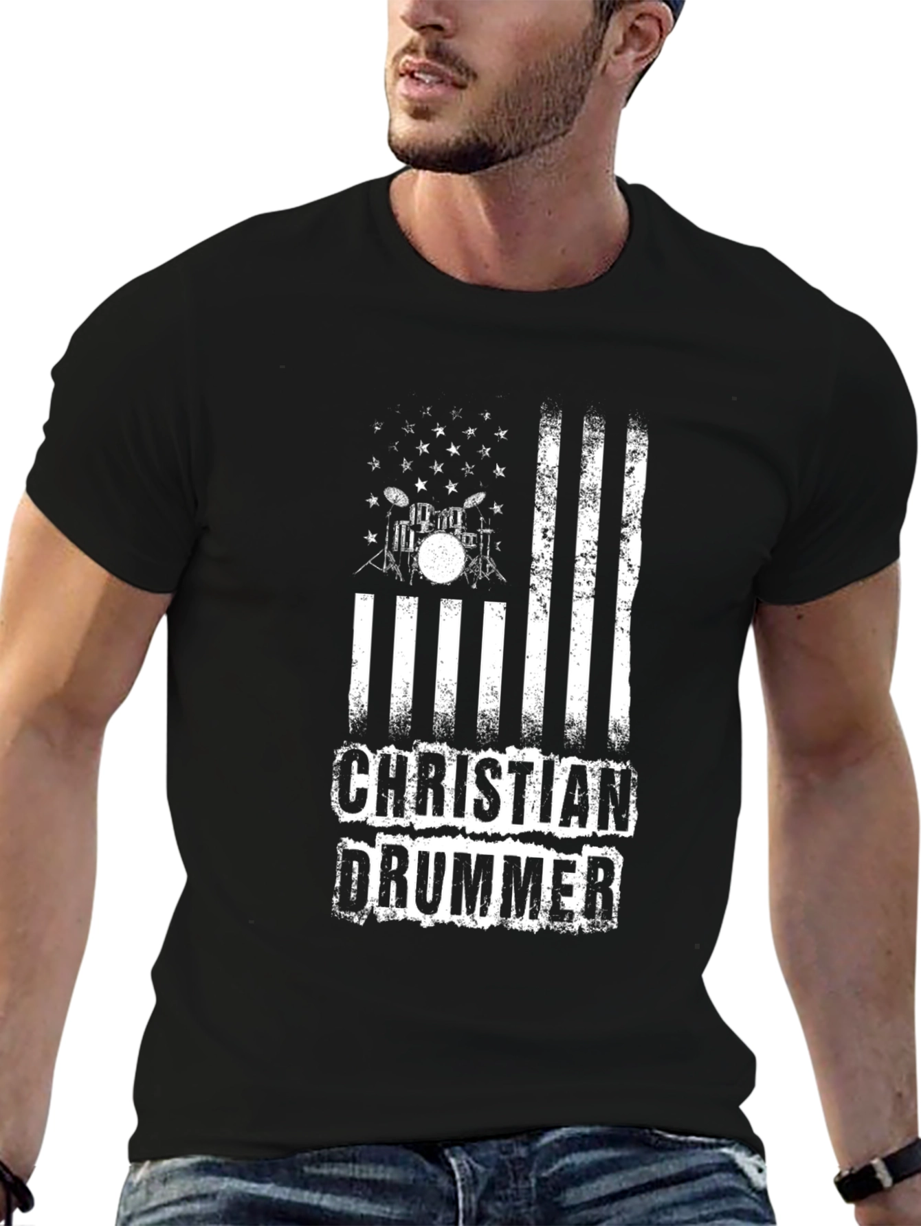 Christian Drummer Graphic Tee - Black Cotton Blend Shirt