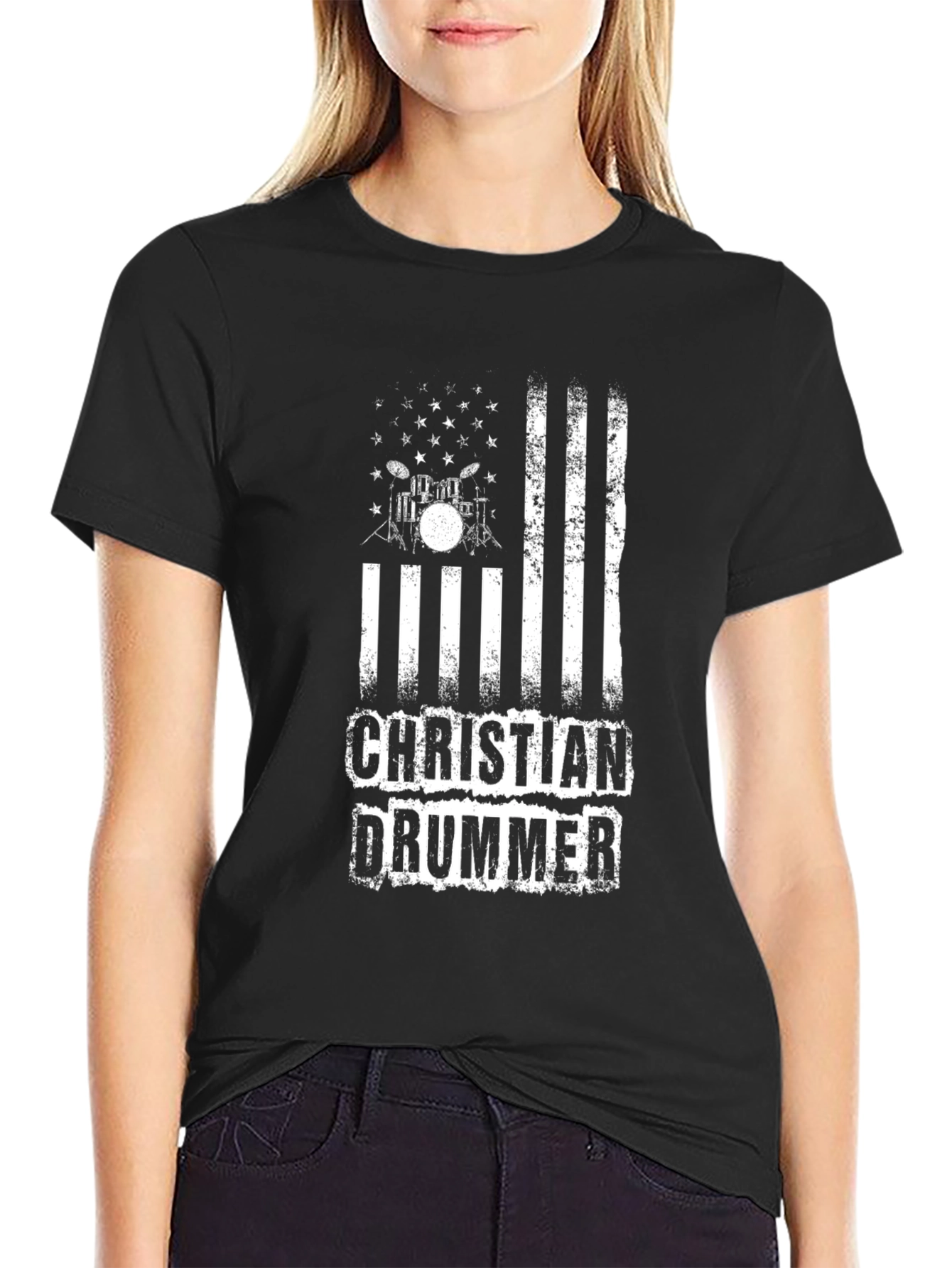 Christian Drummer Graphic Tee - Black Cotton Blend Shirt