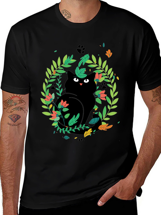 Black Cat Floral Wreath T-Shirt