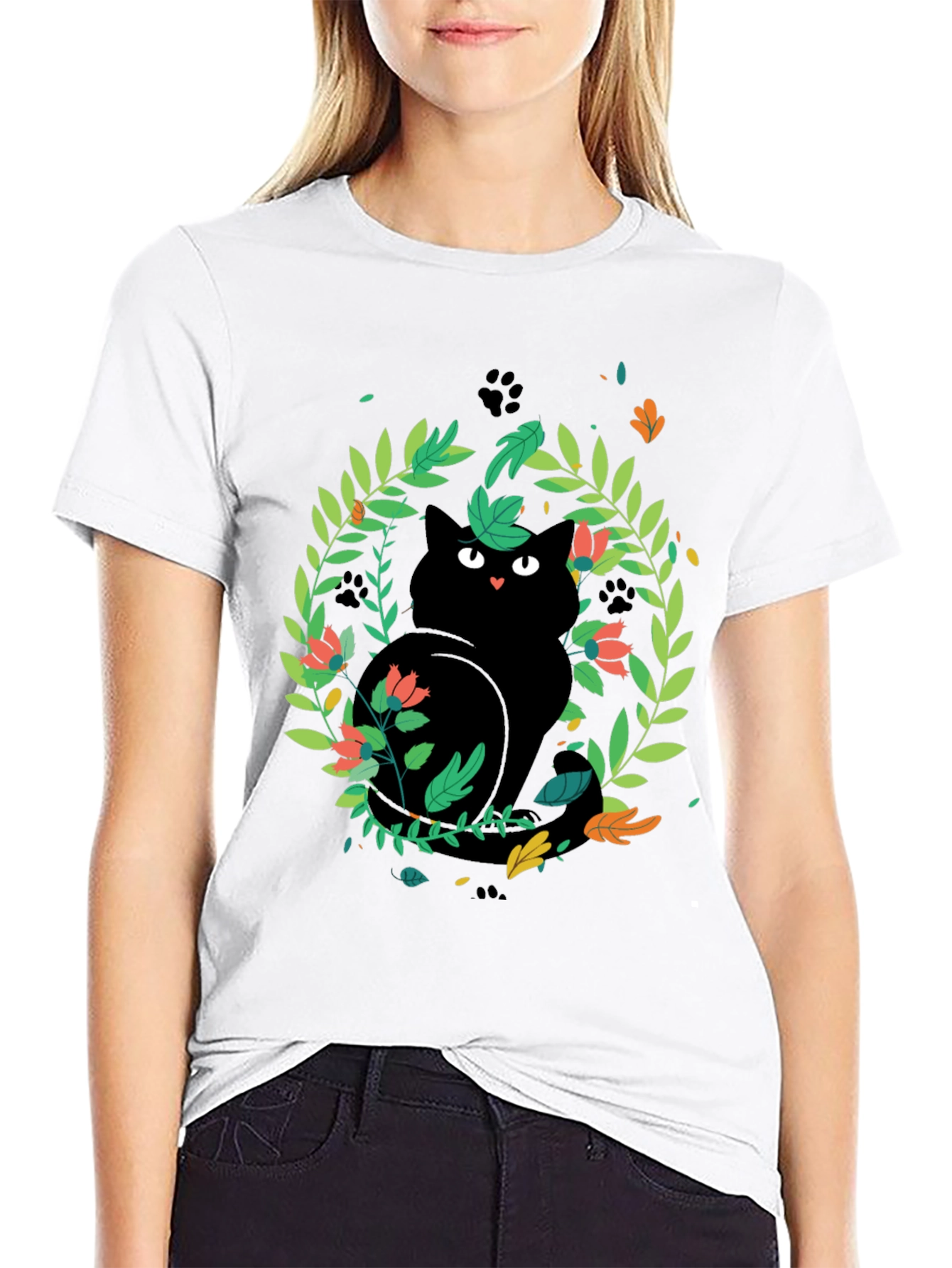 Black Cat Floral Wreath T-Shirt