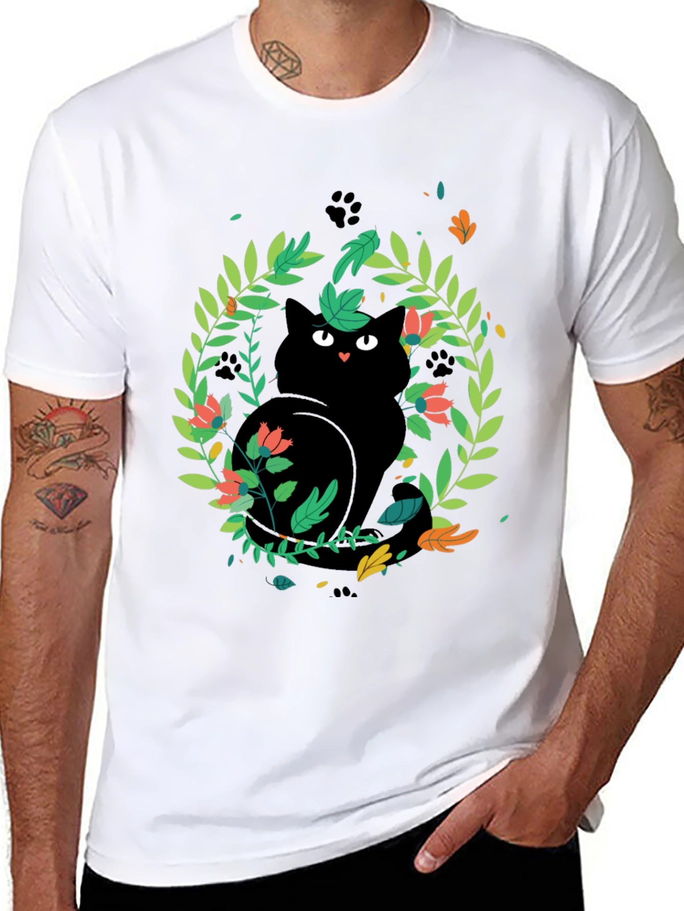 Black Cat Floral Wreath T-Shirt
