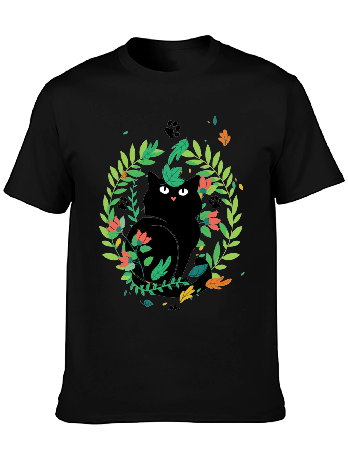 Black Cat Floral Wreath T-Shirt