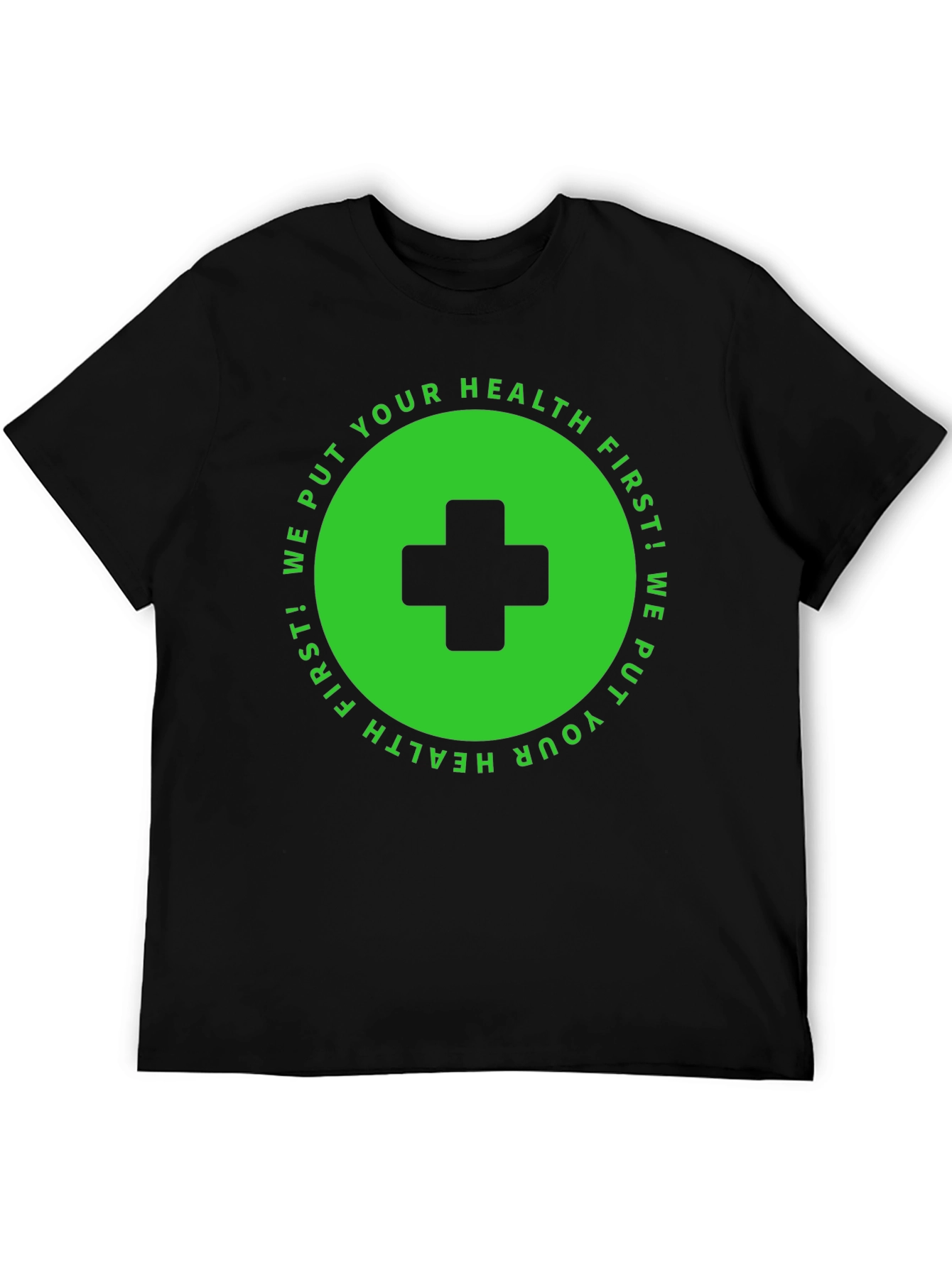Health First T-Shirt: Black with Medical Cross Design