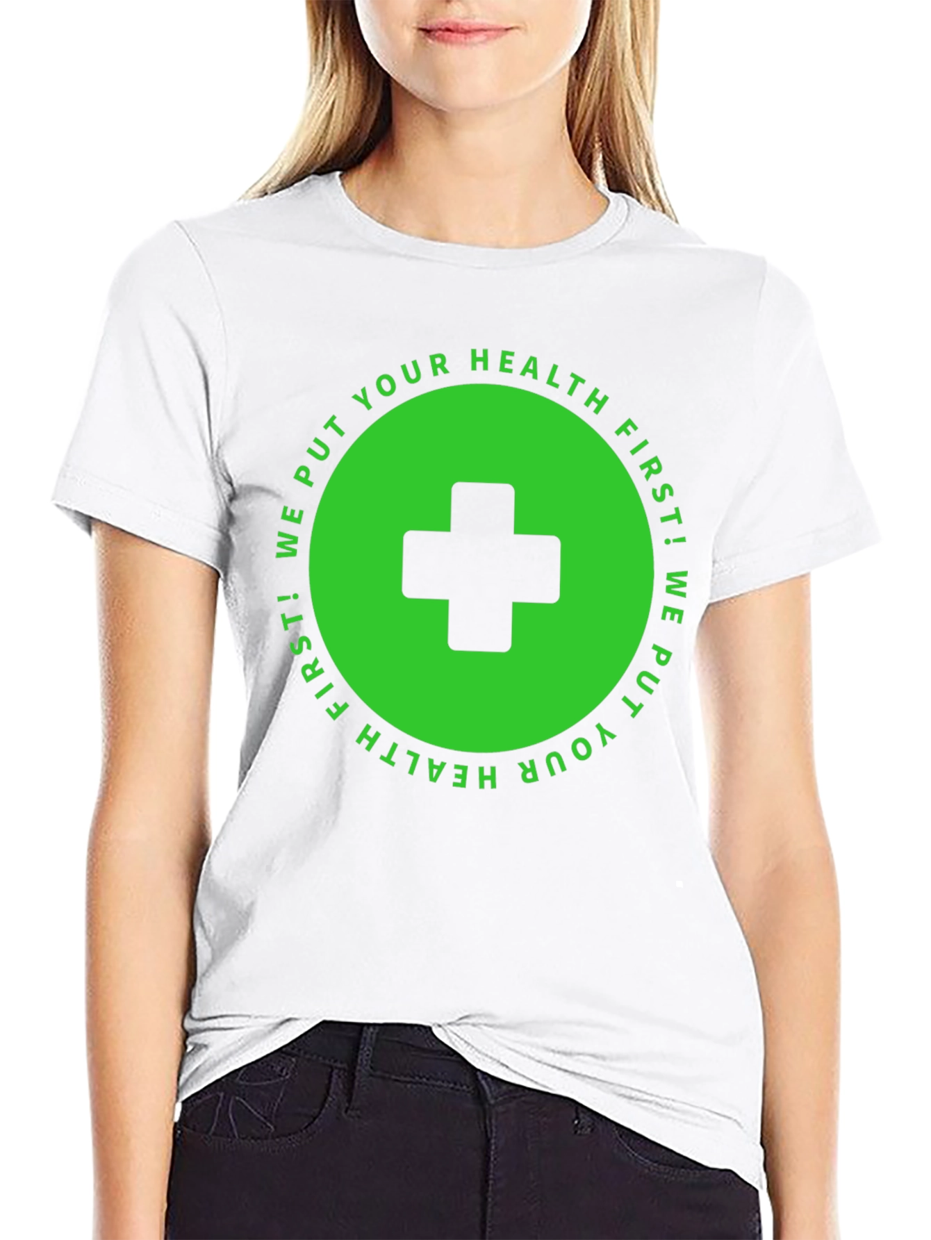 Health First T-Shirt: Black with Medical Cross Design