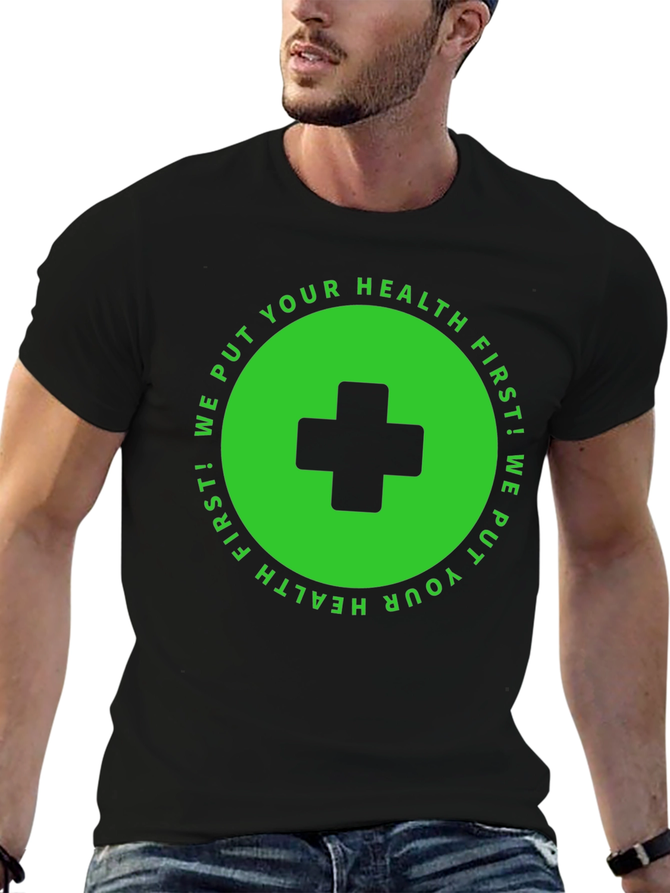 Health First T-Shirt: Black with Medical Cross Design