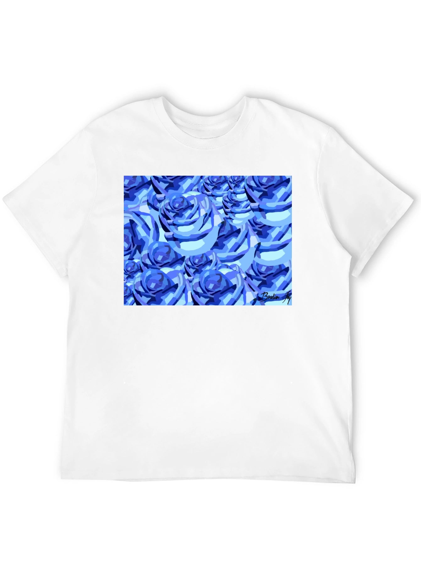 Blue Roses Graphic Print Black T-Shirt