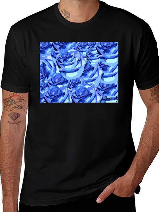 Blue Roses Graphic Print Black T-Shirt