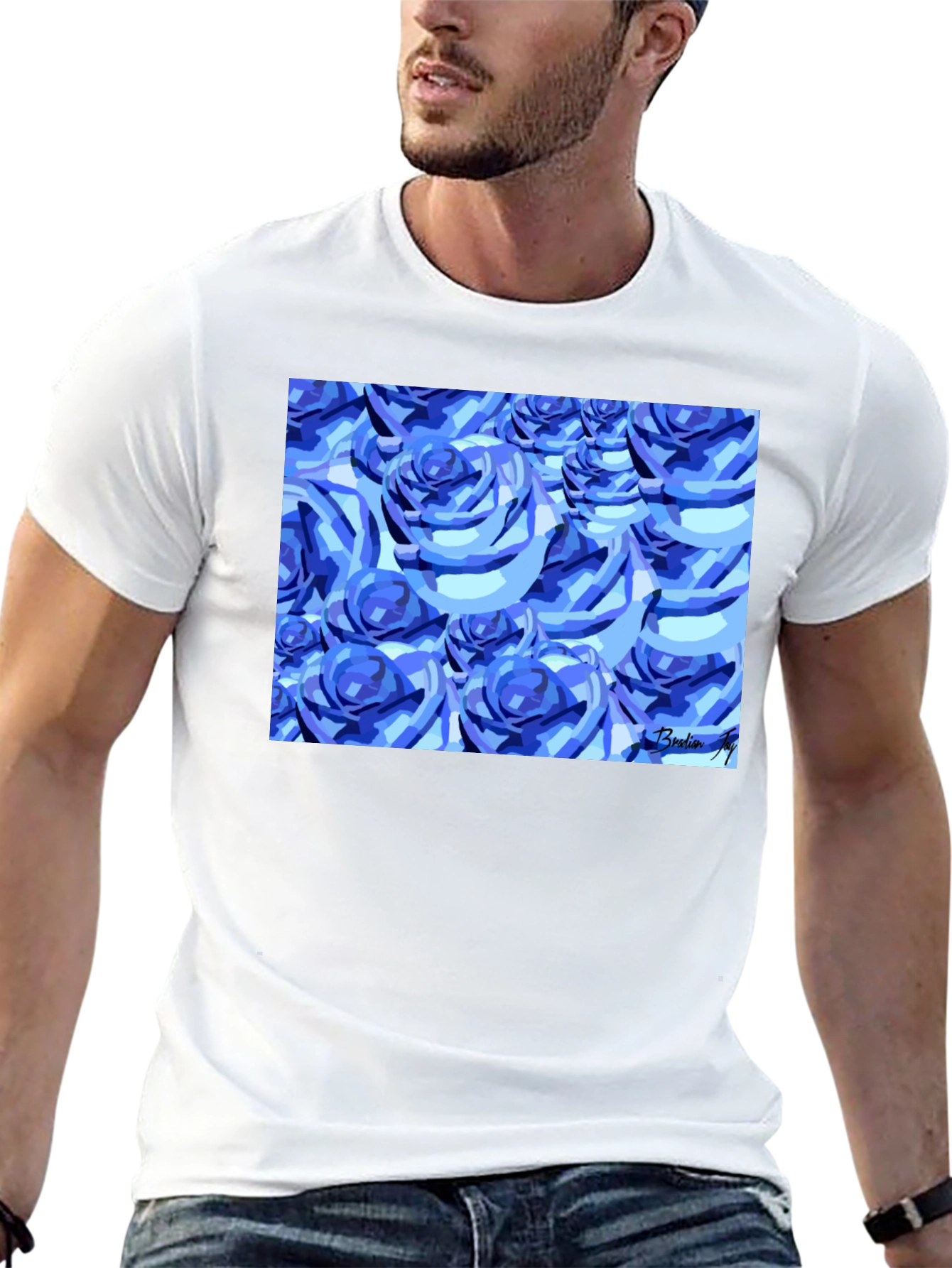 Blue Roses Graphic Print Black T-Shirt