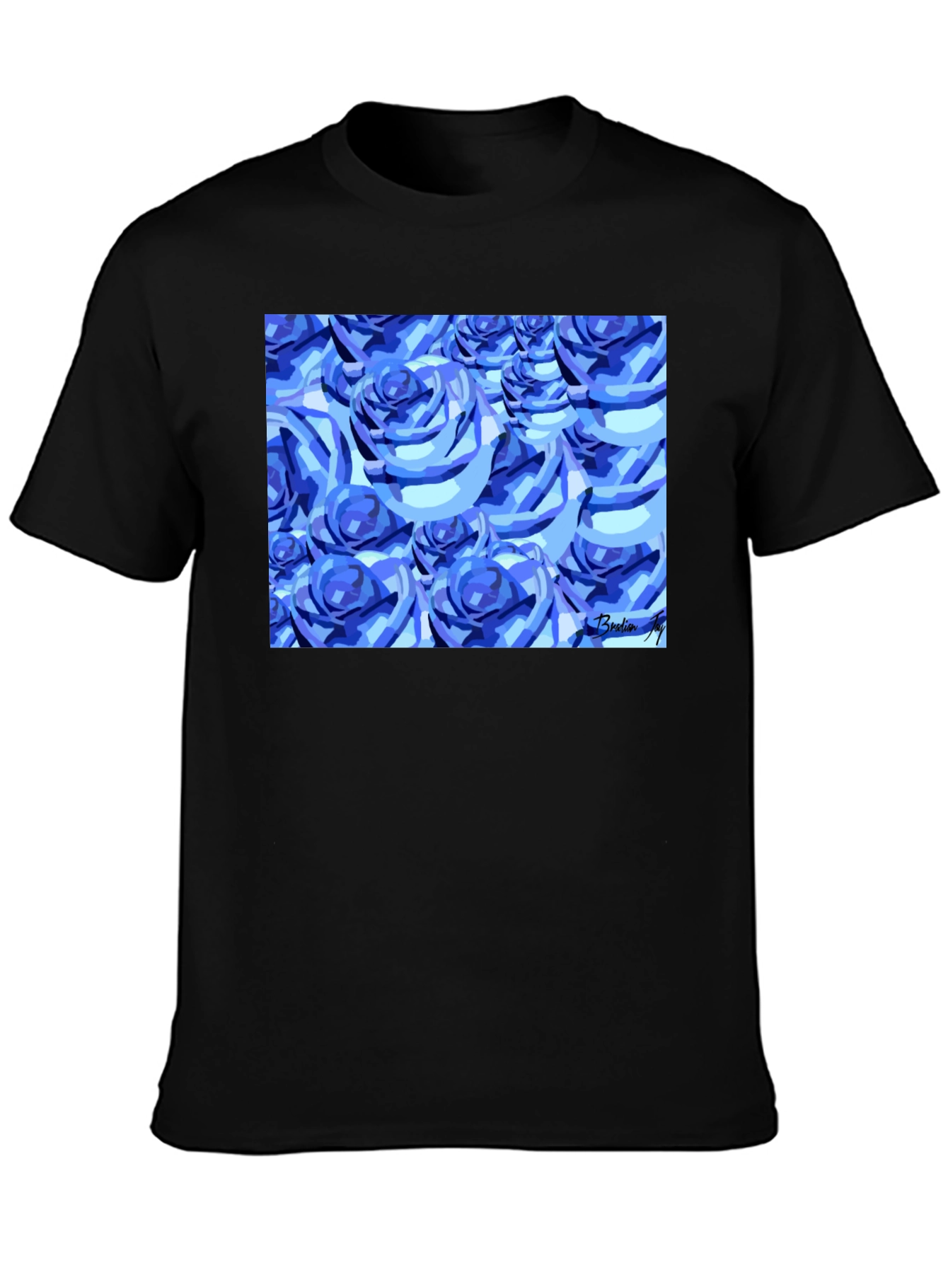 Blue Roses Graphic Print Black T-Shirt