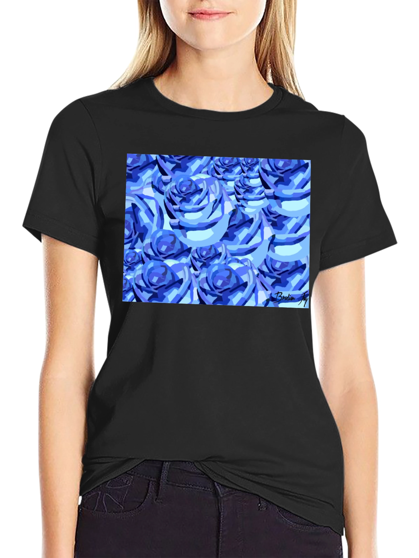 Blue Roses Graphic Print Black T-Shirt