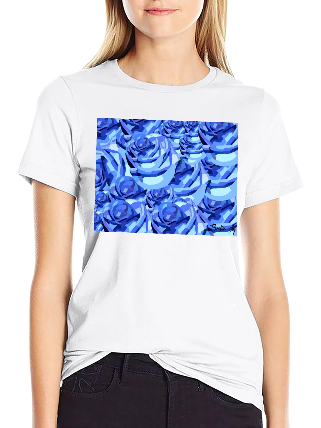 Blue Roses Graphic Print Black T-Shirt