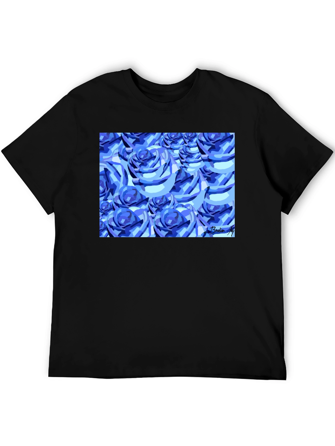 Blue Roses Graphic Print Black T-Shirt