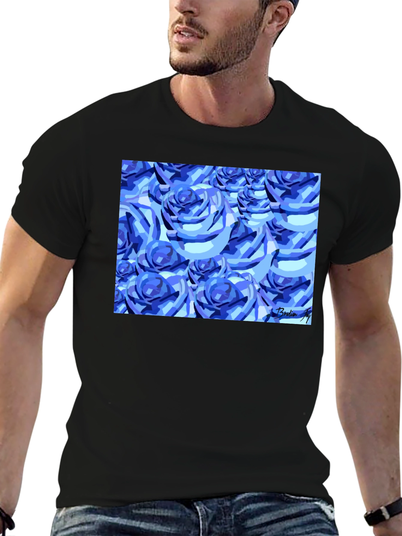 Blue Roses Graphic Print Black T-Shirt