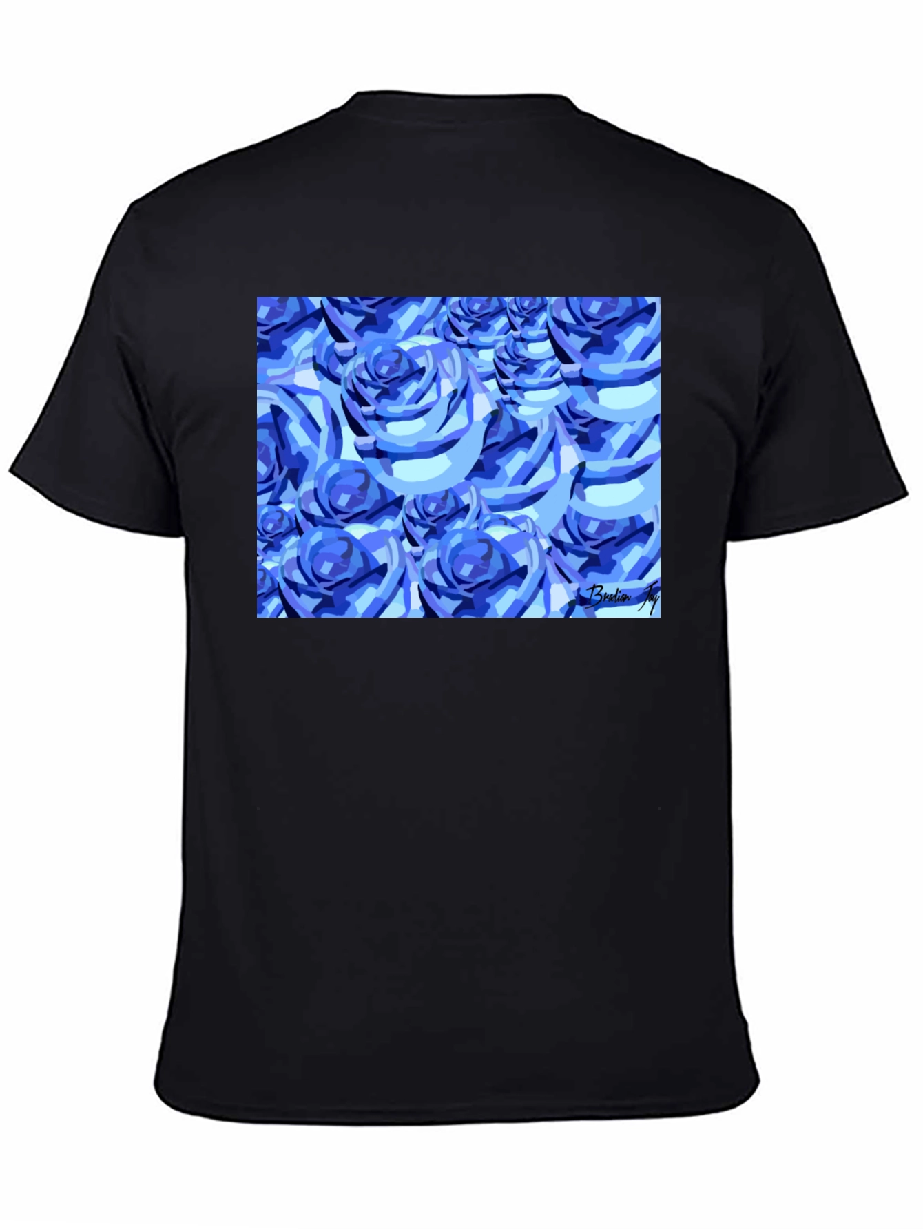 Blue Roses Graphic Print Black T-Shirt