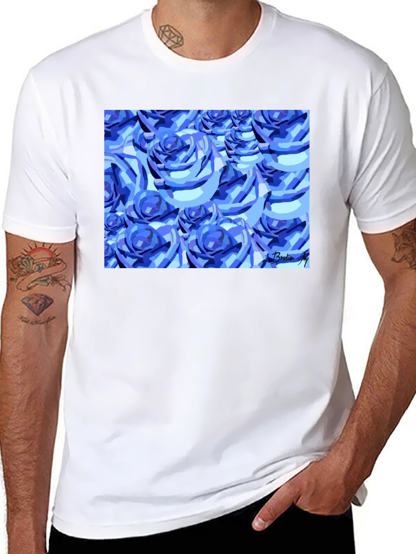 Blue Roses Graphic Print Black T-Shirt