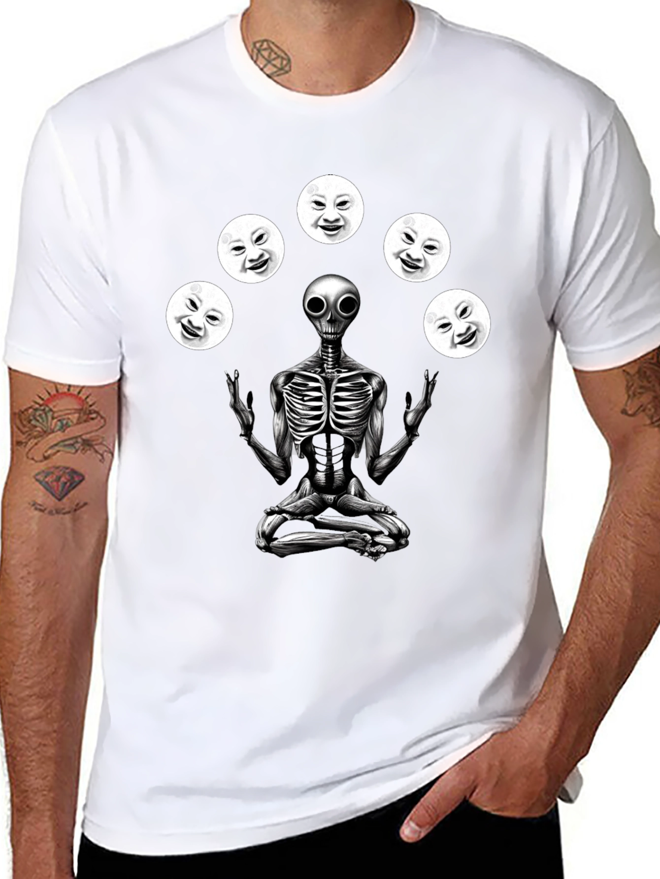 Alien Juggling Moon Faces Graphic T-Shirt