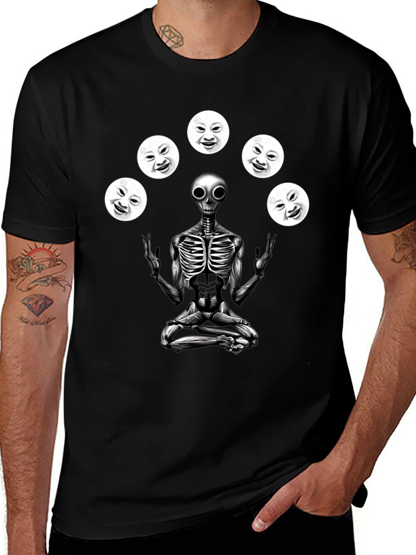 Alien Juggling Moon Faces Graphic T-Shirt