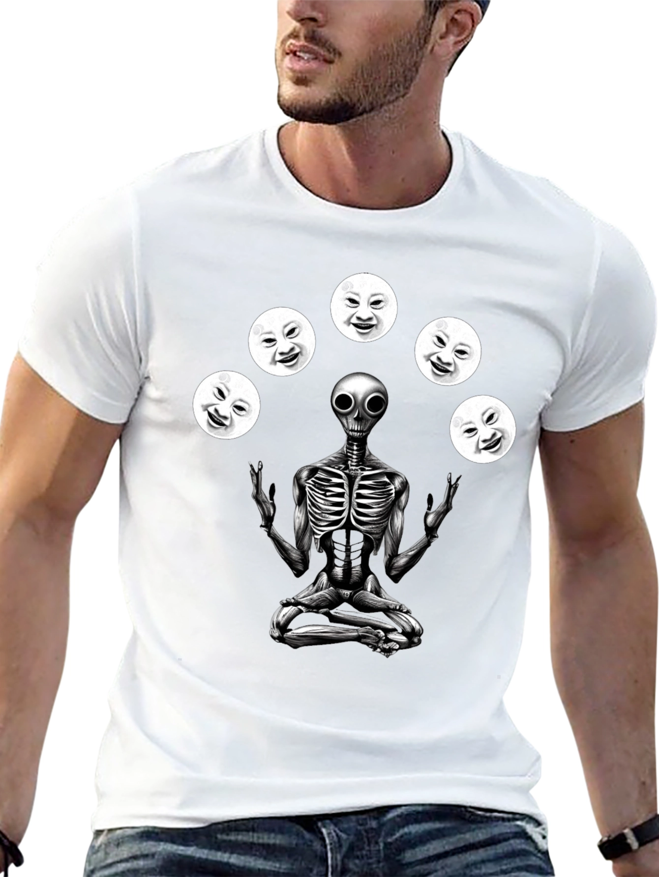 Alien Juggling Moon Faces Graphic T-Shirt